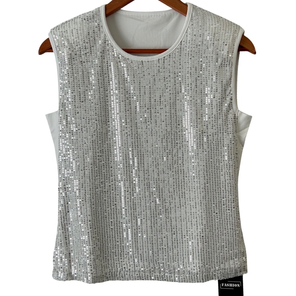 Kohl's White Sleeveless Stretchy Top Silver Sequins Women's Size Small‎ NWT